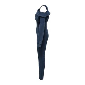 Side view detail of navy blue distressed off-shoulder tight jumpsuit for women