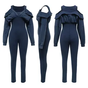 Detailed front, side and back views of navy blue washed off-shoulder tight jumpsuit