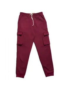 Burgunderfarbene Herren-Fleece-Cargohose mit elastischem Kordelzug und Seitentaschen