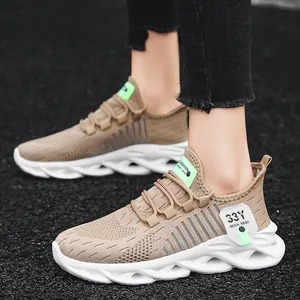 Baskets légères en maille Fly-Knit kaki respirantes pour adolescents au style décontracté