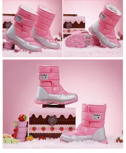 Warm pink children's snow boots with silver accents and plush interior for winter wear