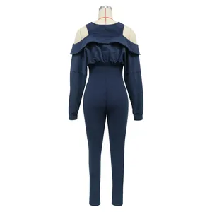 Back view of a vintage navy blue washed off-shoulder long sleeve tight denim jumpsuit