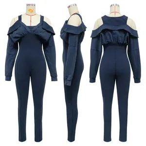 Three-view detail of a navy blue off-shoulder washed denim-style tight jumpsuit.
