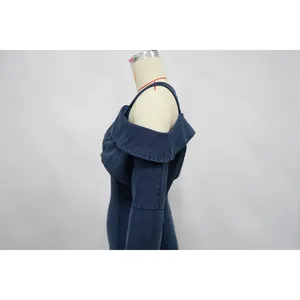 Detailed side view of washed navy blue off-shoulder bodycon jumpsuit on mannequin