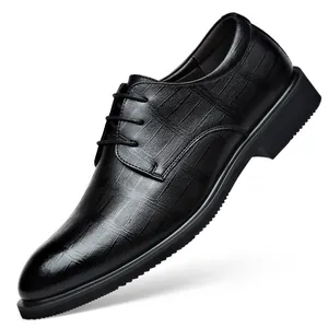 Men's black lace-up business dress shoes featuring textured leather and elevator sole