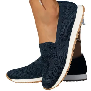 Atmungsaktive marineblaue Flying-Knit-Slipper für Damen mit leichten flachen Sohlen