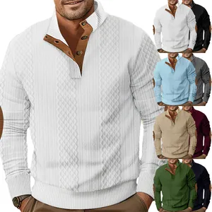 Sudadera Jacquard Retro Americana para Hombre Manga Larga Cuello Alto Medio Botón Jersey de Moda Holgado Top Casual