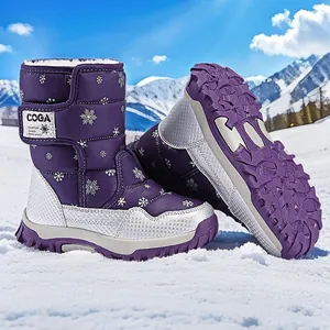 Purple kids winter snow boots with warm plush lining and snowflake patterns