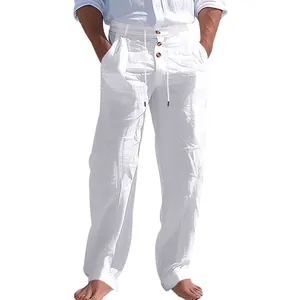 Pantaloni da Spiaggia Uomo in Misto Lino Casual Con Coulisse e Bottoni Tinta Unita Gamba Dritta Traspiranti