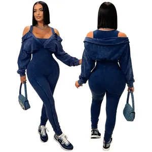 Comprehensive front and back view of a sexy off-shoulder acid wash denim tight jumpsuit