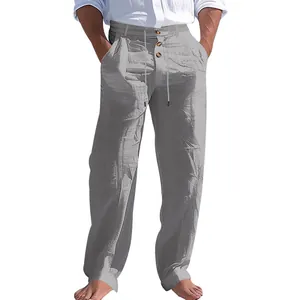 Pantaloni estivi casual in lino grigio da uomo con coulisse e bottoni decorativi