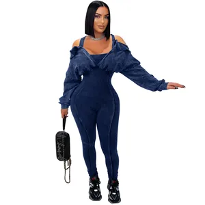 Close-up view of a blue acid-washed off-shoulder tight jumpsuit on a model