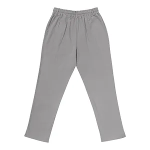 Vista frontale dettagliata dei pantaloni di lino grigi da uomo con vita elastica