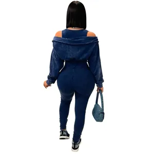 Back view of sexy blue washed denim-style off-shoulder hooded jumpsuit outfit