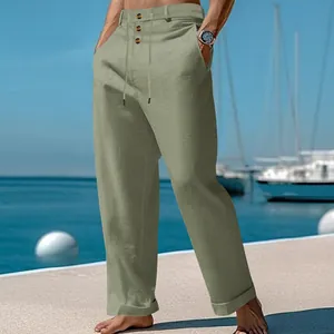 Casual linnen herenbroek in saliegroen met knoopsluiting in de taille en trekkoord