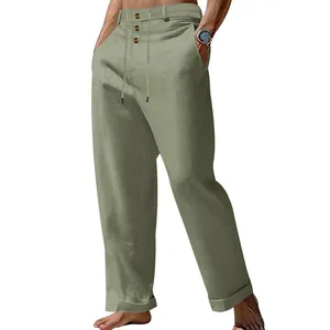 Casual heren linnen broek olijfgroen met rechte pijpen en een elastisch trekkoord