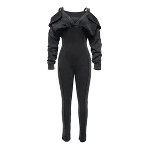 Close-up front view of a stylish washed black distressed off-shoulder tight jumpsuit with ruffles