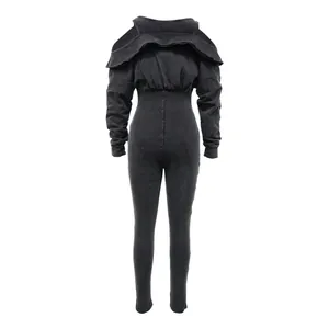 Back view of distressed washed grey off-shoulder bodycon jumpsuit with ruffle detail