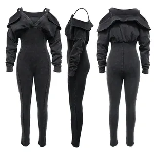Detailed front side and back view of a black acid-wash off-the-shoulder bodysuit jumpsuit