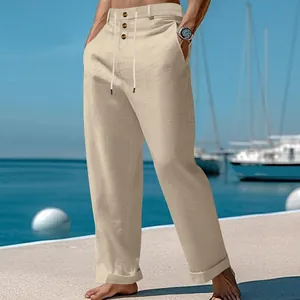 Casual linnen strandbroek voor heren met knoopsluiting en trekkoord beige