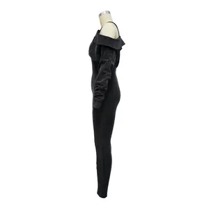 Side view of a sexy black washed off-the-shoulder slim fit long sleeve jumpsuit