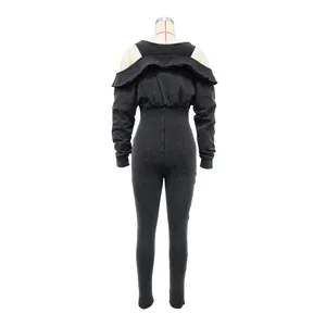 Back view of a washed black off-shoulder long sleeve tight-fit jumpsuit for women