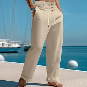 Stijvolle beige katoenen linnen strandbroek voor heren met trekkoord en rechte pijpen