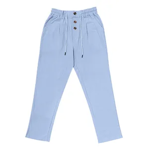Pantaloni in lino azzurro da uomo con vita elastica a coulisse e bottoni decorativi