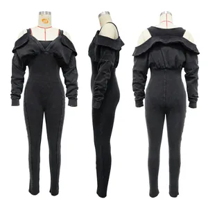 Detailed front side and back view of washed black distressed off-shoulder bodycon jumpsuit