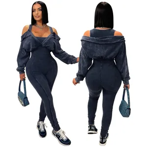 Detailed front and back views of a sexy washed blue off-shoulder ribbed jumpsuit set.