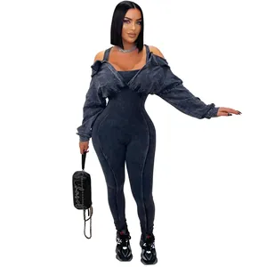 Elegant women's sexy off-shoulder tight jumpsuit with washed vintage denim texture