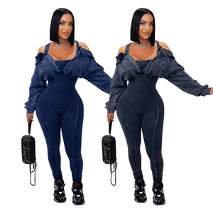 Women Sexy Cold Shoulder Washed Ribbed Knit Jumpsuit Long Sleeve Tight Fit Bodycon Romper Streetwear Fashion One Piece