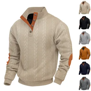 Ανδρικό Αμερικάνικο Vintage Φούτερ Henley με Πλεξίδες Βαρέος Τύπου Γιακάς με Κουμπιά Μακρύ Μανίκι Μπάλωμα Αγκώνα Casual Τοπ