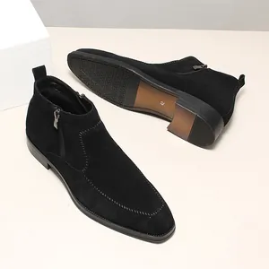 Stivali da uomo in pelle scamosciata nera con doppia zip per stile business casual