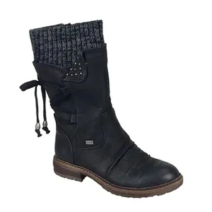 Botas de media caña negras para mujer con puño de punto gris y cordones traseros