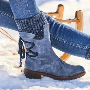 Botas de Nieve Retro para Mujer Media Pantorrilla Cuello de Punto Botas Martin de Invierno Cálidas Cremallera Lateral Piel Sintética Remaches