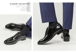 Detailed view of men's shiny black patent leather dress shoes with formal square toe design
