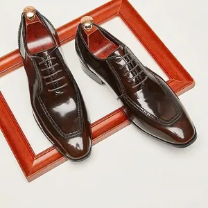 Men's British Style Business Oxford Shoes Patent Leather Brogue Formal Shoes Square Toe Lace-up Cowhide Wedding Shoes