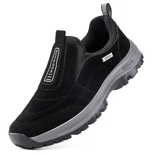 Close-up of the black suede-like outdoor walking shoe for men featuring a grey sole