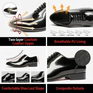 Elegant black patent leather Oxford dress shoes for men featuring classic brogue details