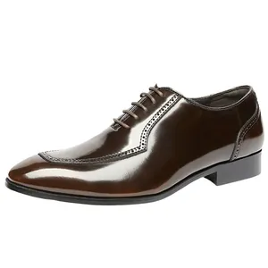 Classic men's brown patent leather Oxford shoes with brogue details and square toe