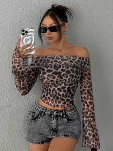 Sexy leopard print off-the-shoulder long sleeve top for women slim fit fashion streetwear