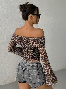 Back view of a sexy off-the-shoulder leopard print long sleeve top for women fashion.