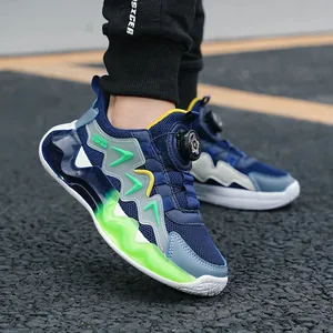 Scarpe da basket per bambini con fibbia rotante in mesh traspirante blu navy e verde neon