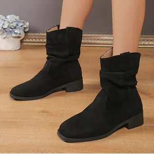 Vintage black suede slouchy boots for women with stylish western block heel design