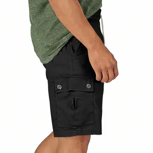 Side detail view of men's slim fit black cargo shorts with functional multi-pocket design