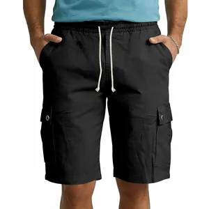 Detail view of stylish men's black cargo shorts with drawstring waist and pockets