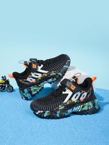 Breathable mesh boys' sports sneakers with vibrant colorful graffiti soles