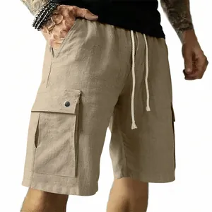 Side view of men's khaki cargo shorts showing large pocket and drawstring detail