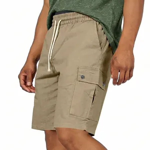 Premium men's casual khaki cargo shorts with multi-pockets and white drawstring.